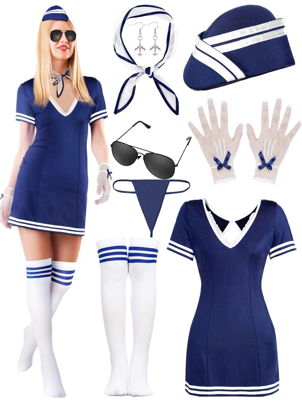 3214 8 Pcs Flight Attendant Costume Outfits Accessories Halloween Retro